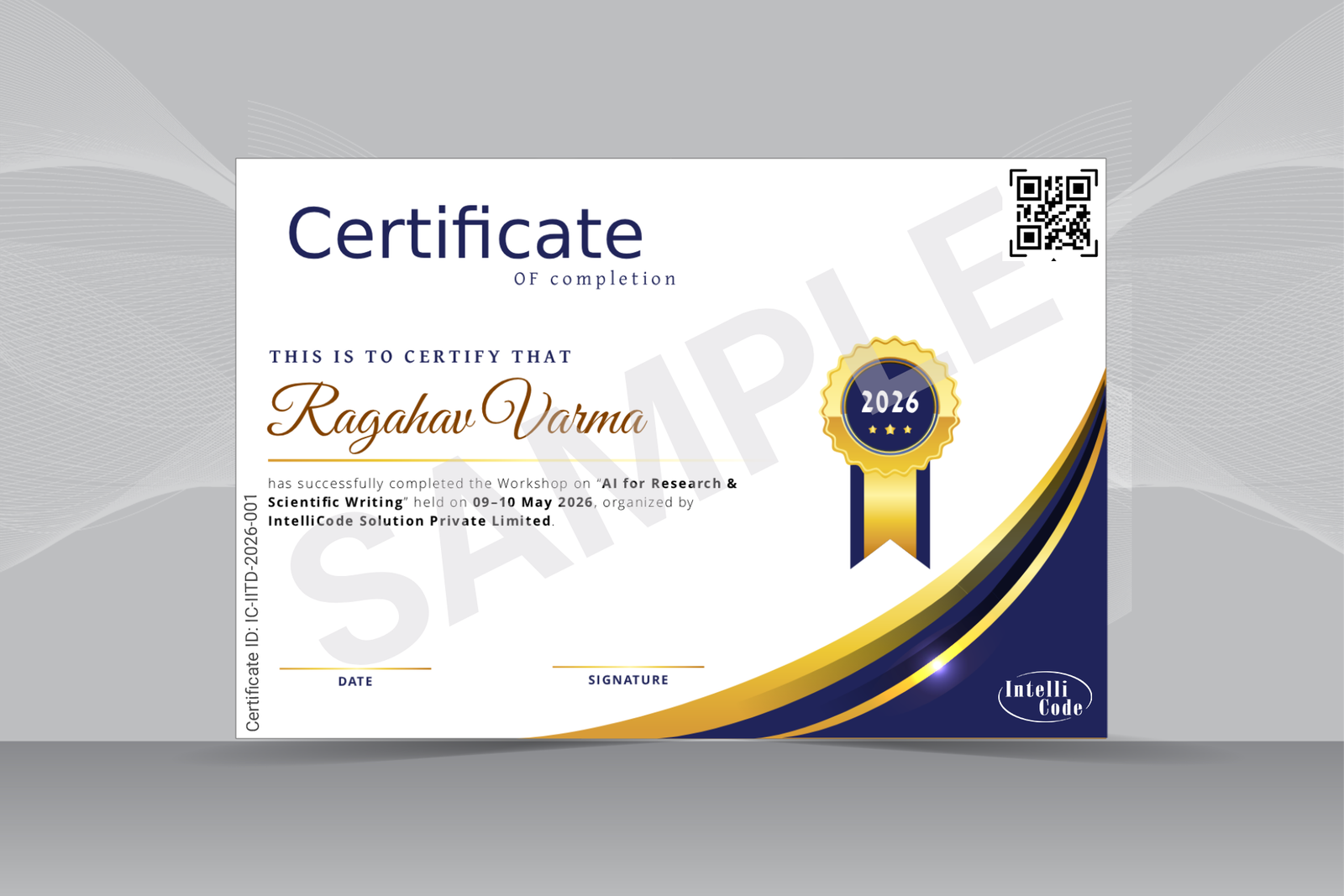 Workshop certificate sample — verifiable, QR-coded credential
