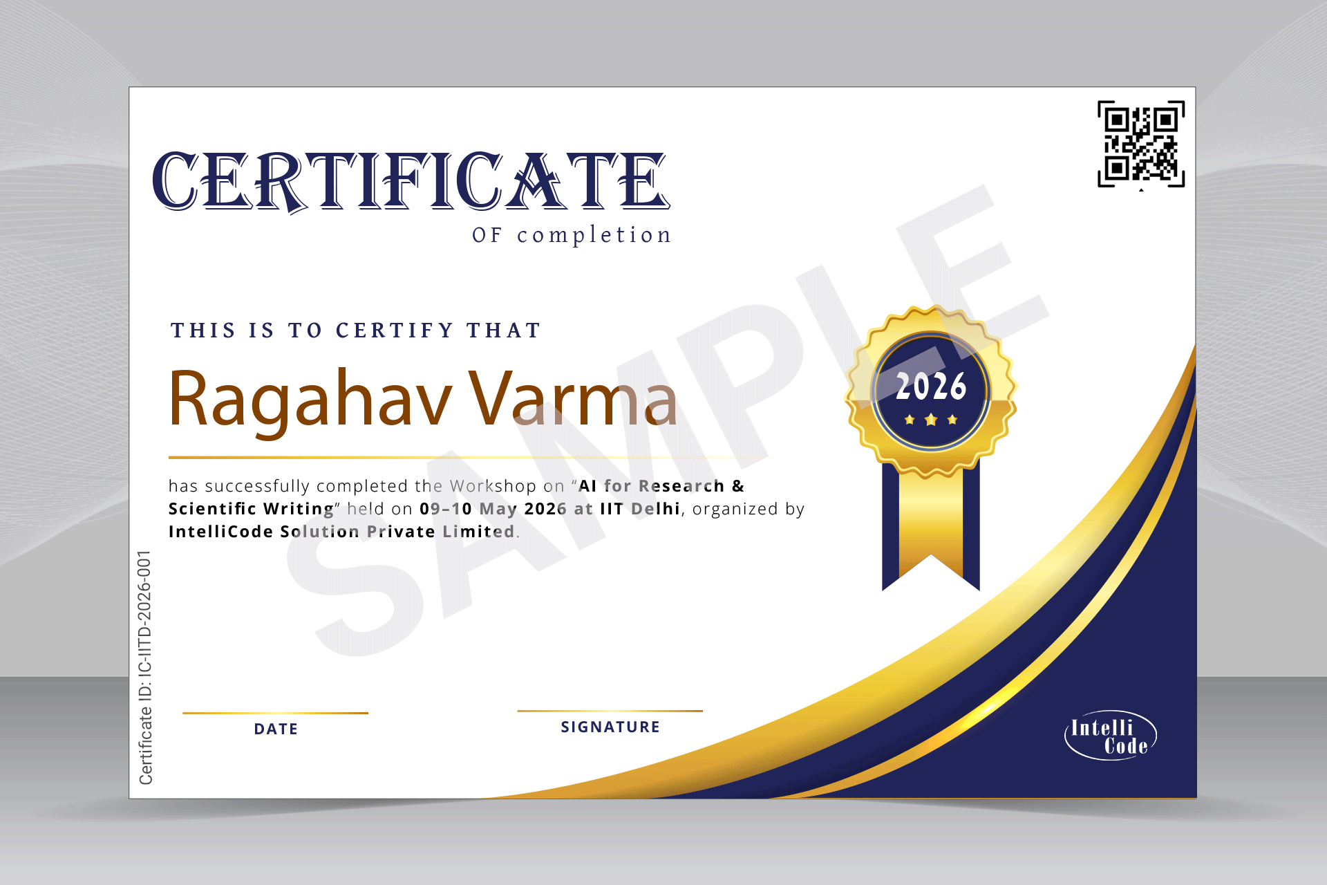 Workshop certificate sample — verifiable, QR-coded credential